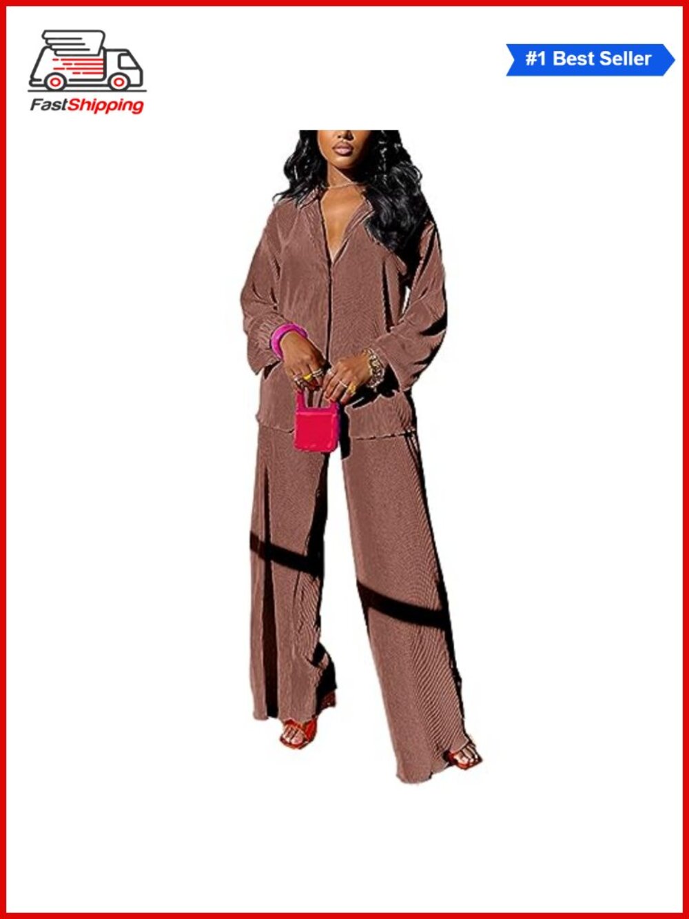 ✨ Women's Casual 2 Piece Set Button Down Shirt Wide Leg Pants Plisse Outfit
